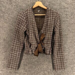 Elliott & Vine Blazer Women XL Brown Plaid V-Neck Tie Up Long Sleeve Casual